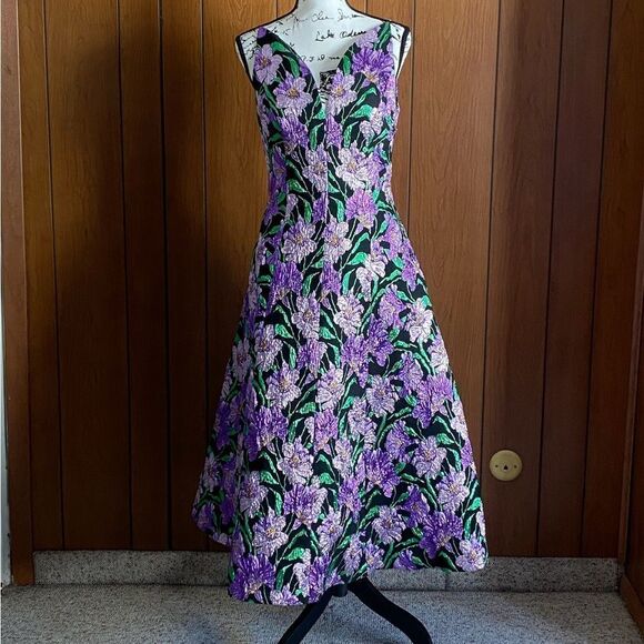 Carolina Herrera Metallic Floral Jacquard A-Line Dress size 6 - Picture 5 of 14